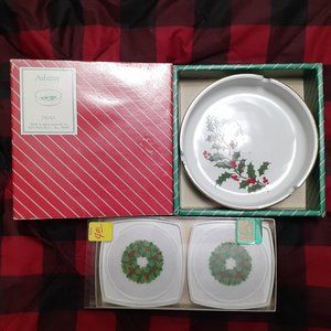 NEW Vintage 1984 Christmas Ashtray Made in Japan for Macy's & 4 Coasters NIB NOS